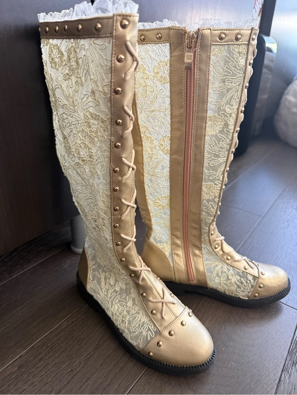 Trish Scully Gold Gramercy Knee High Lace Boots – Girls EU 33